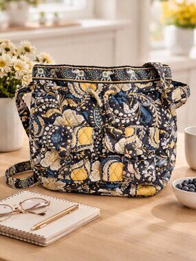 Vera Bradley Ellie Blue & Yellow Elephant Drawstring Crossbody Bag flap pockets